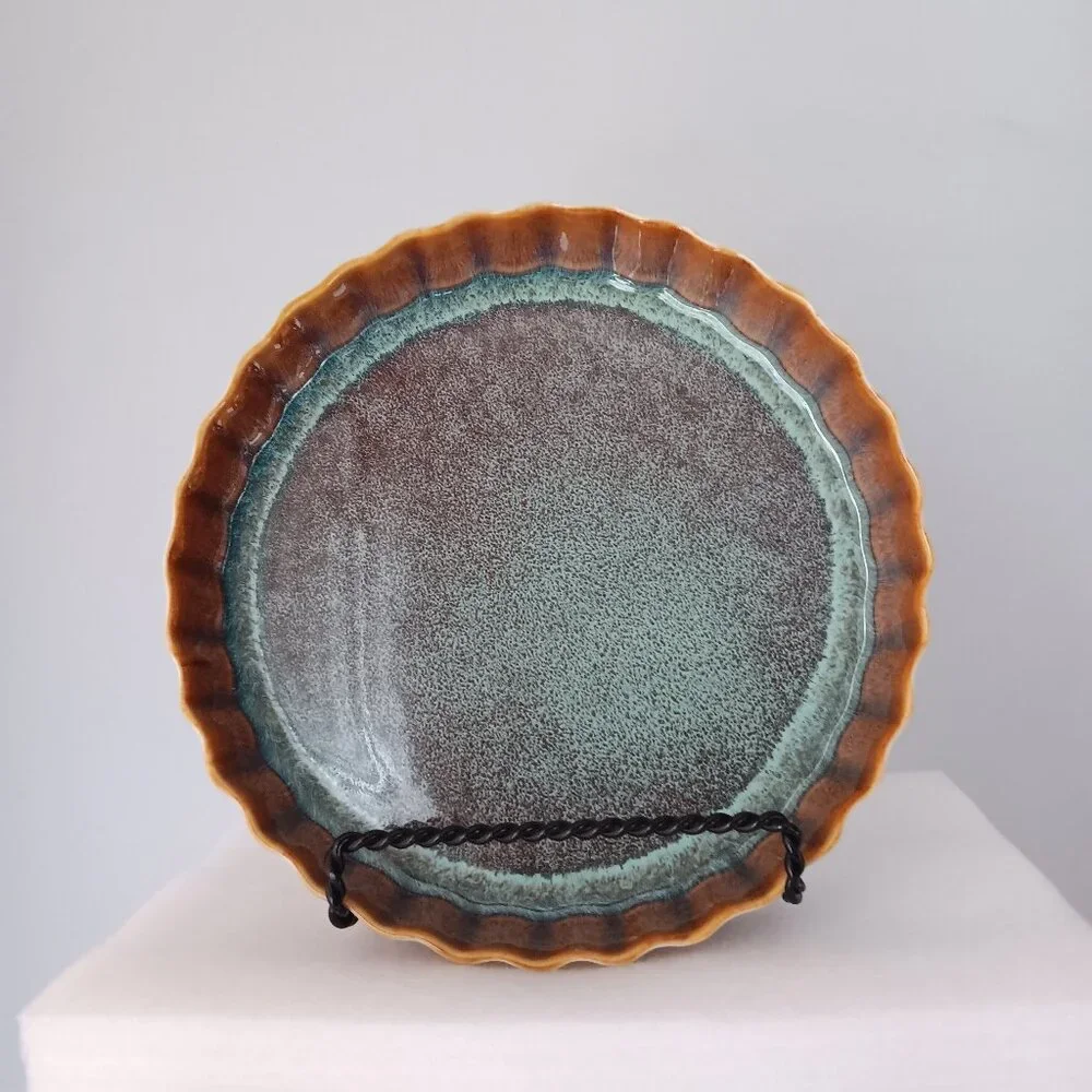 New Ceramic Fluted Round Baking Serving Dish Seamist Glaze Brown Blue 9